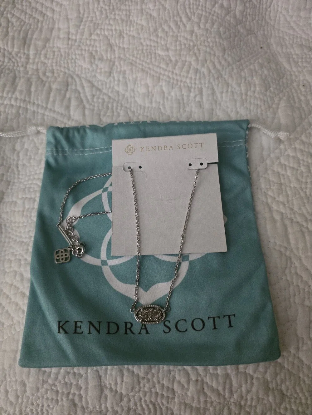 Kendra Scott Silver Crystal Oval Pendant Necklace - Teal Pouch